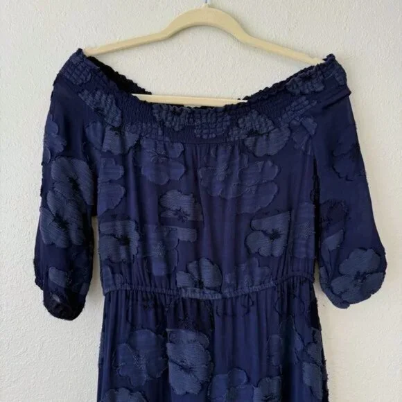 Shoshanna midnight navy blue floral embossed off shoulder maxi dress Prom 4 - Picture 4 of 15